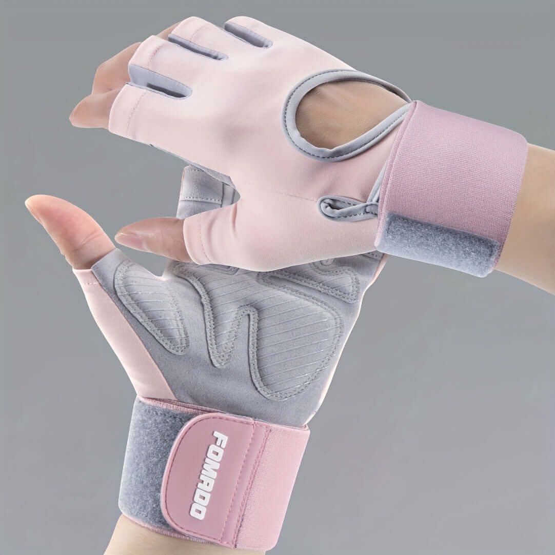 Women's weightlifting gym gloves featuring adjustable wrist support and a non-slip grip for enhanced performance.