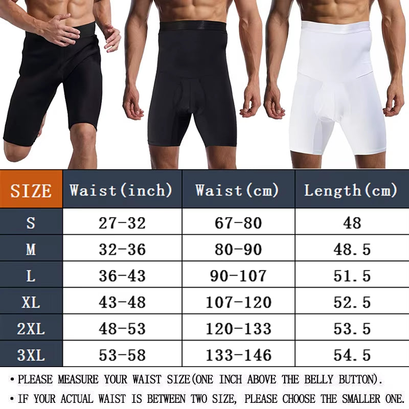 Men's sauna shorts for body sculpting size chart displaying measurements for various sizes including S, M, L, XL, 2XL, and 3XL.