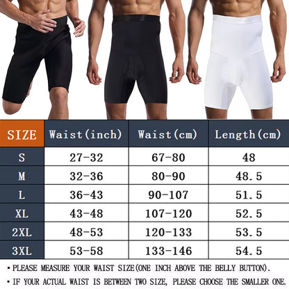 Men's sauna shorts for body sculpting size chart displaying measurements for various sizes including S, M, L, XL, 2XL, and 3XL.
