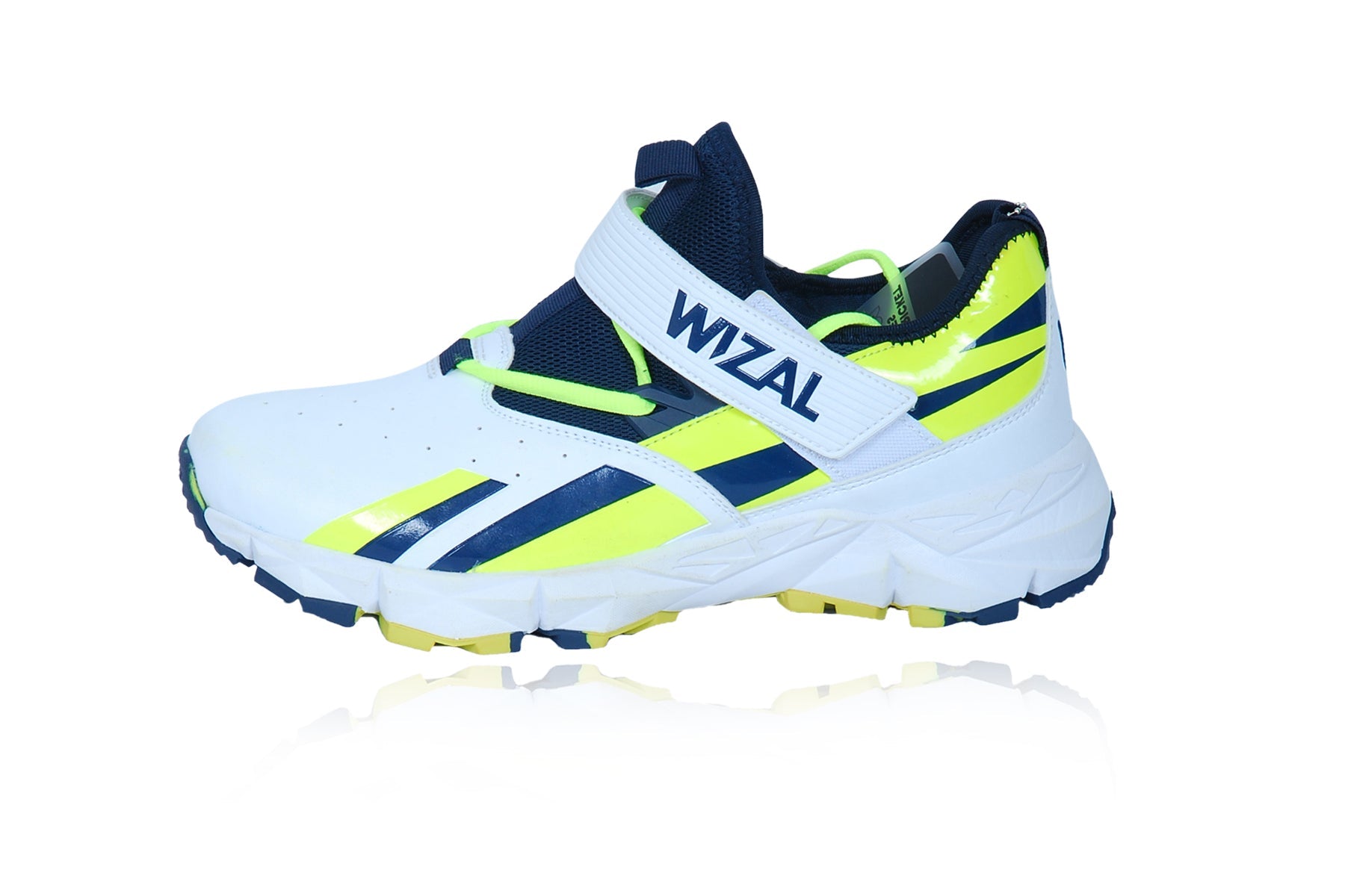 Wizal cricket shoes for enhanced stability featuring yellow color and rubber grip sole for improved control.