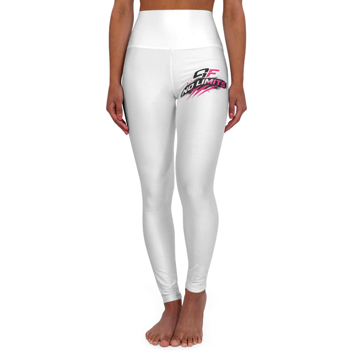 High waisted yoga leggings with retro logo in white, featuring 'no limits' design for versatile athletic wear.