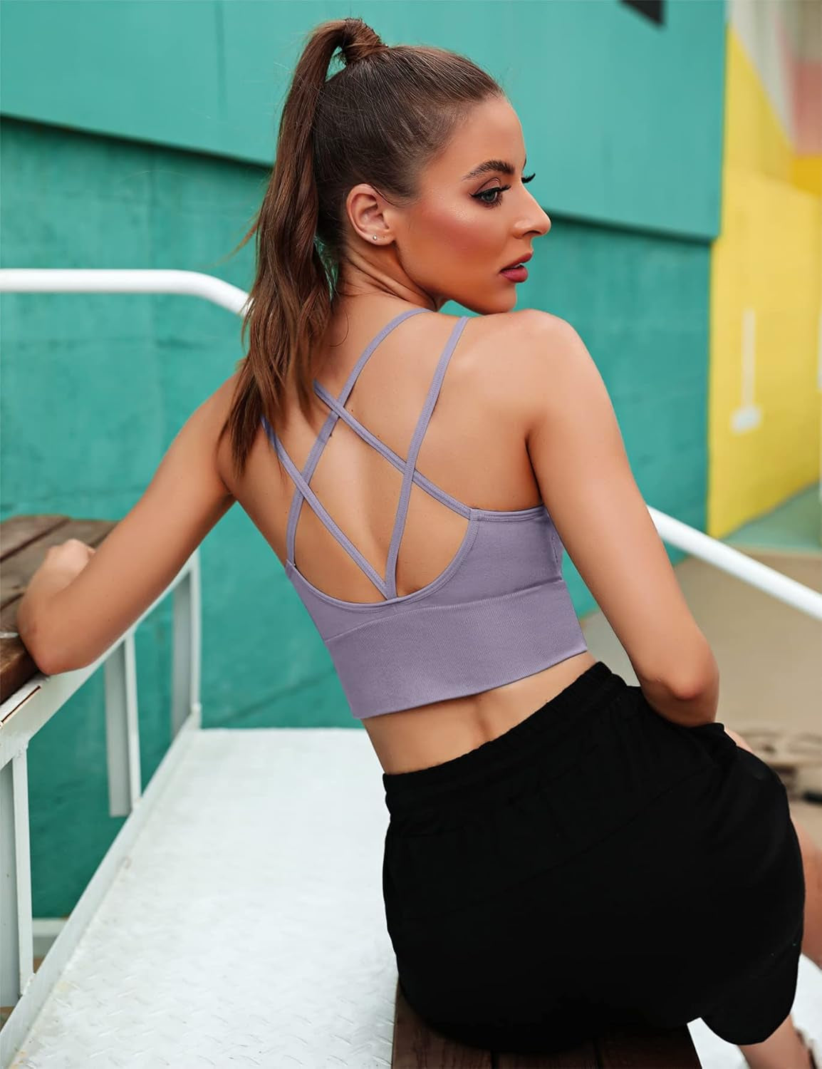 Sykooria 3-pack women's strappy sports bras with crisscross design, ideal for yoga, running, and gym workouts.