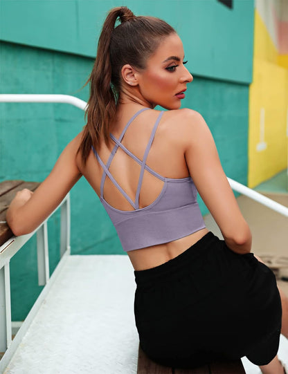 Sykooria 3-pack women's strappy sports bras with crisscross design, ideal for yoga, running, and gym workouts.