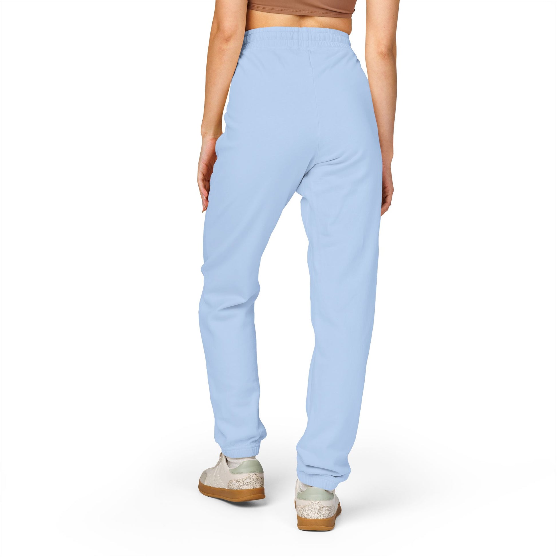Gray garment-dyed fleece sweatpants with vertical 'Gamer' graphic print, comfortable trousers by Printify.