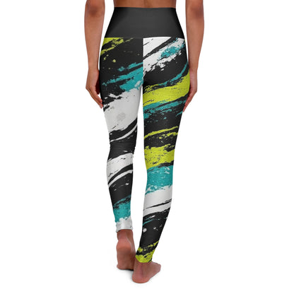 Back view of Brushstroke Yoga Leggings AOPy showcasing colorful abstract design in yoga attire.