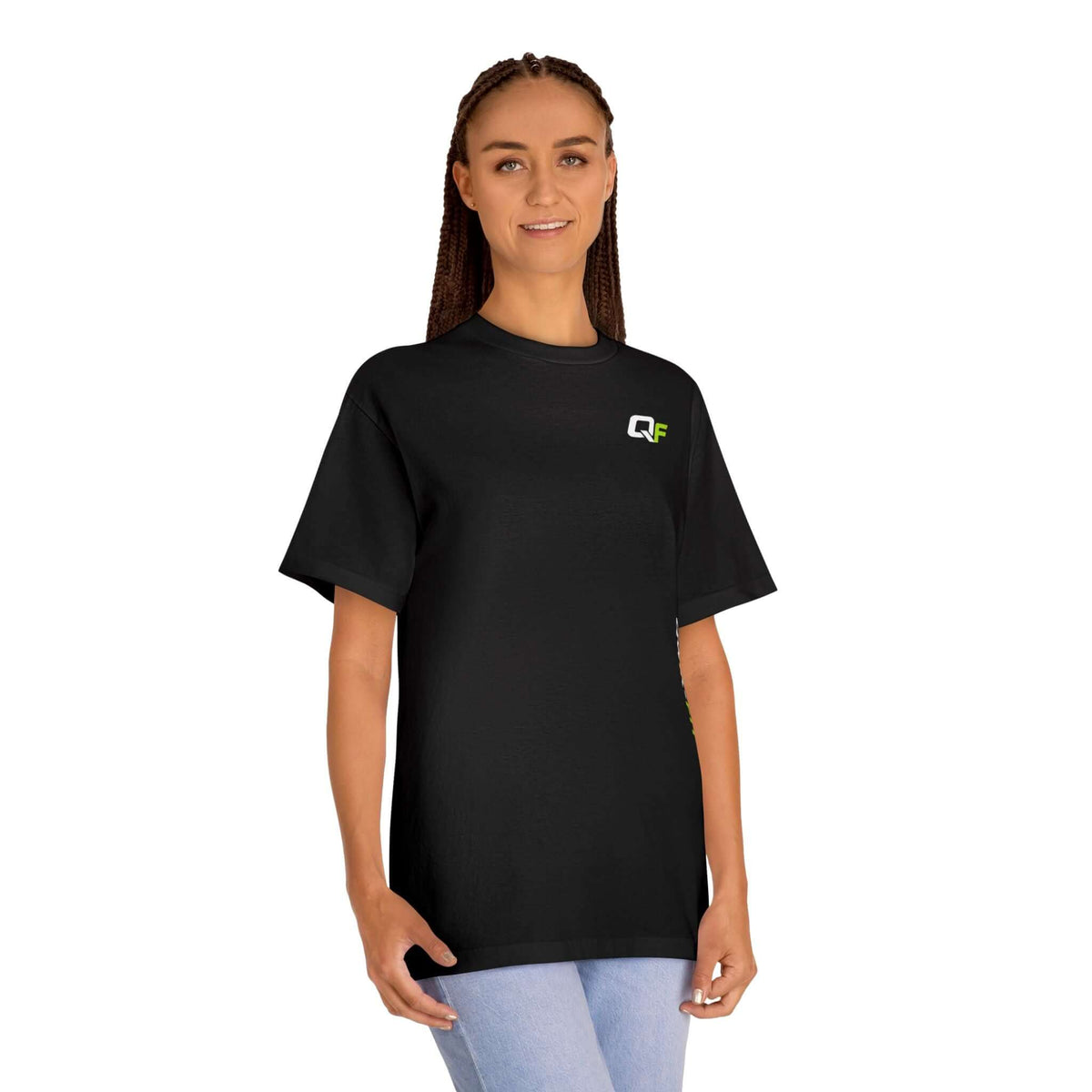 Model wearing a Black Unisex Classic Workout T-Shirt, showcasing its comfort and style for casual or gym wear. unisex workout t-shirt