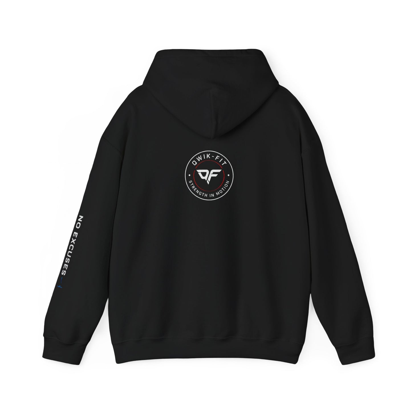 Qwik-Fit Built Different Hoodie showcasing logo and 'No Excuses' sleeve, motivational gym pullover hoodie design.