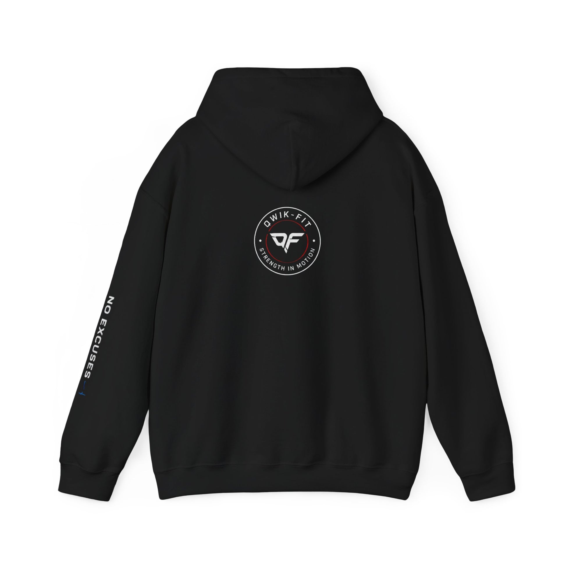 Qwik-Fit Built Different Hoodie showcasing logo and 'No Excuses' sleeve, motivational gym pullover hoodie design.
