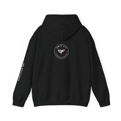 Qwik-Fit Built Different Hoodie showcasing logo and 'No Excuses' sleeve, motivational gym pullover hoodie design.
