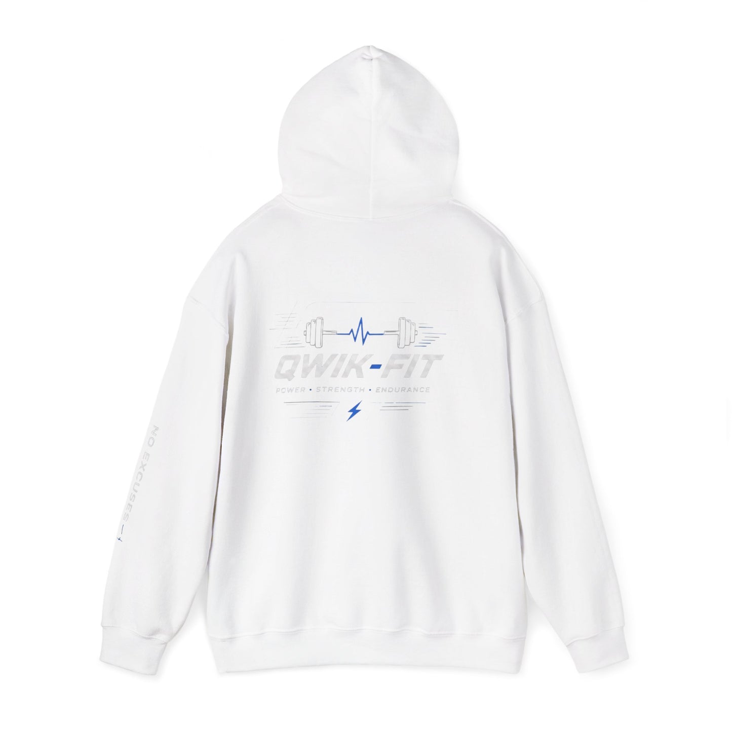 Printify fitness hoodie with barbell logo, Qwik-Fit Gym pullover in black featuring a sporty, comfortable design for workout wear.