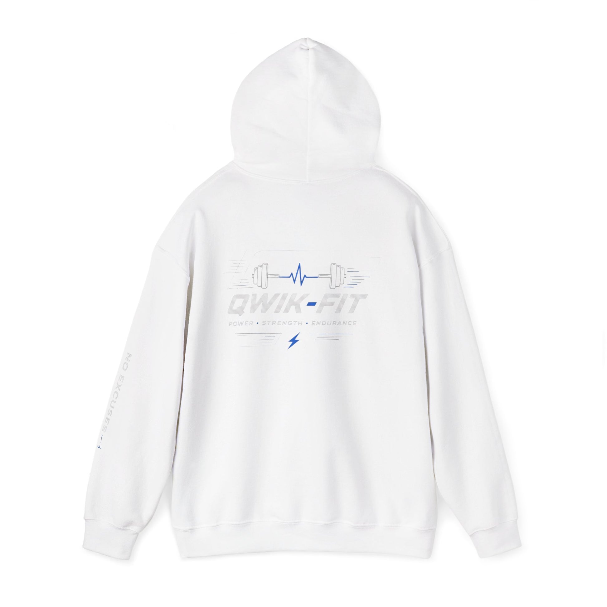 Printify fitness hoodie with barbell logo, Qwik-Fit Gym pullover in black featuring a sporty, comfortable design for workout wear.