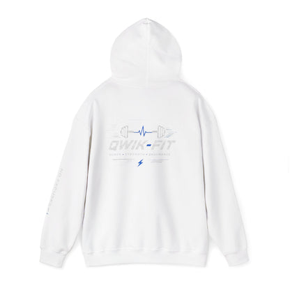 Printify fitness hoodie with barbell logo, Qwik-Fit Gym pullover in black featuring a sporty, comfortable design for workout wear.