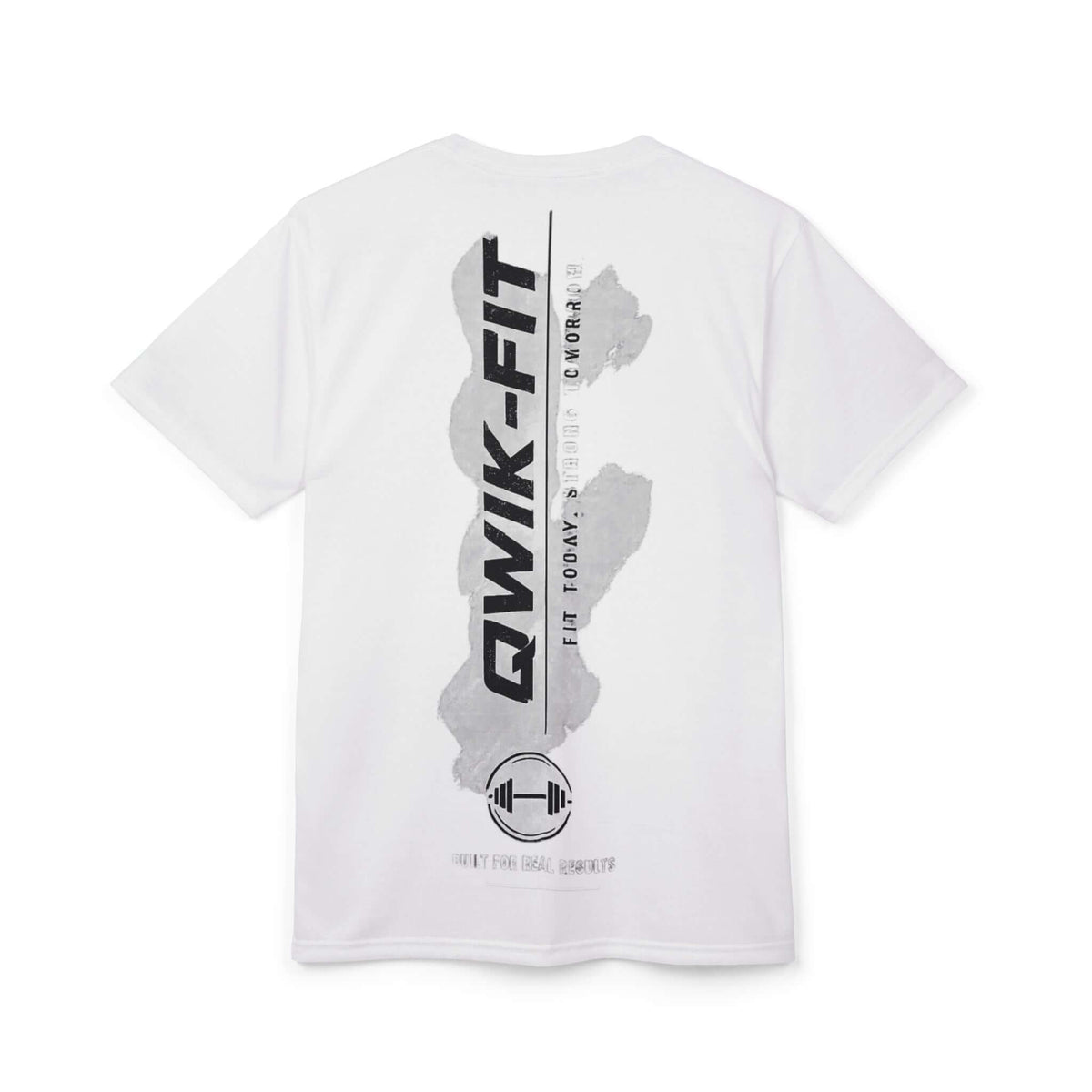 Unisex athletic cut and sew tee featuring QWIK-FIT graphic design in a comfortable white fabric.