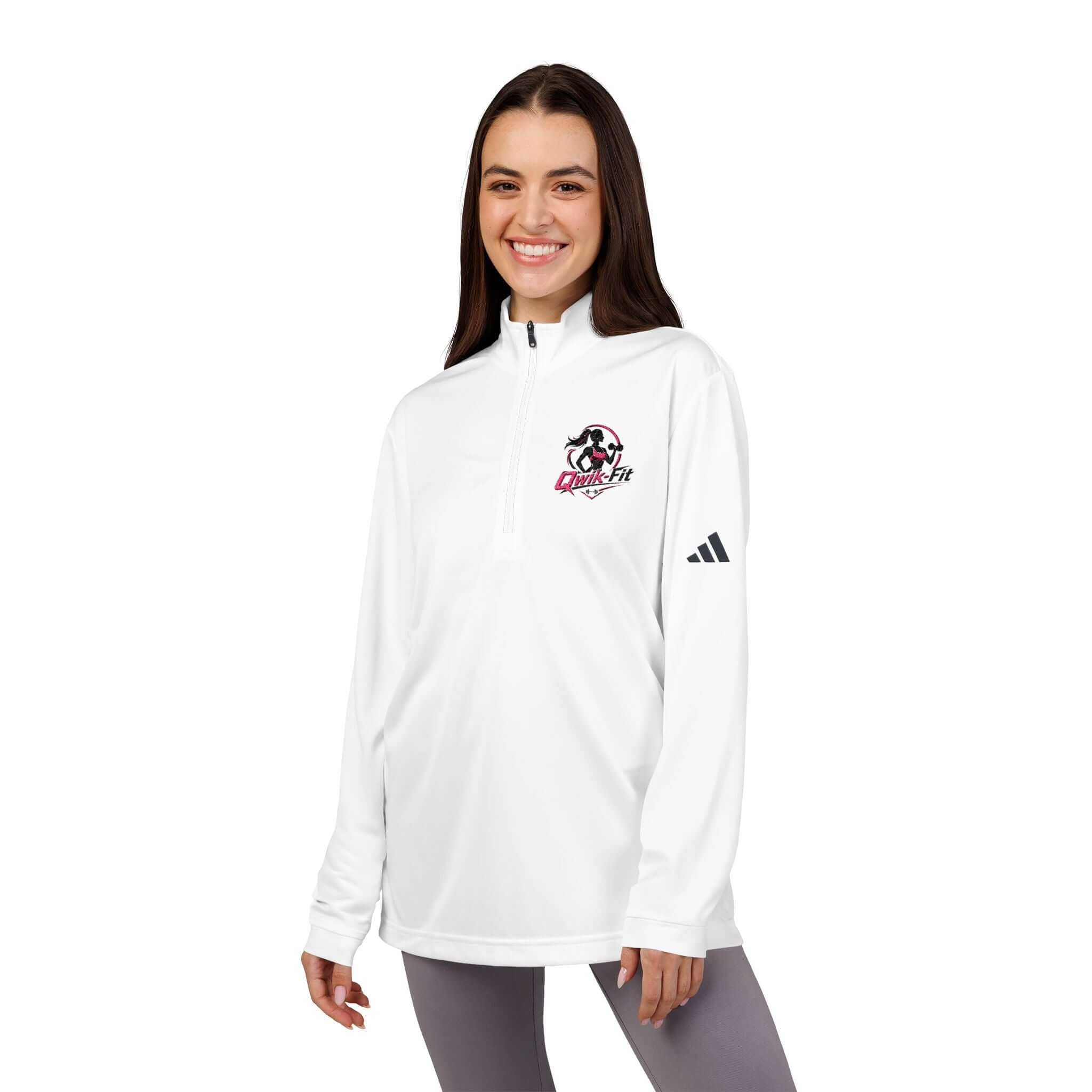 Embroidered Soccer Quarter-Zip Pullover in white worn by a smiling woman, ideal for soccer training and everyday layering.