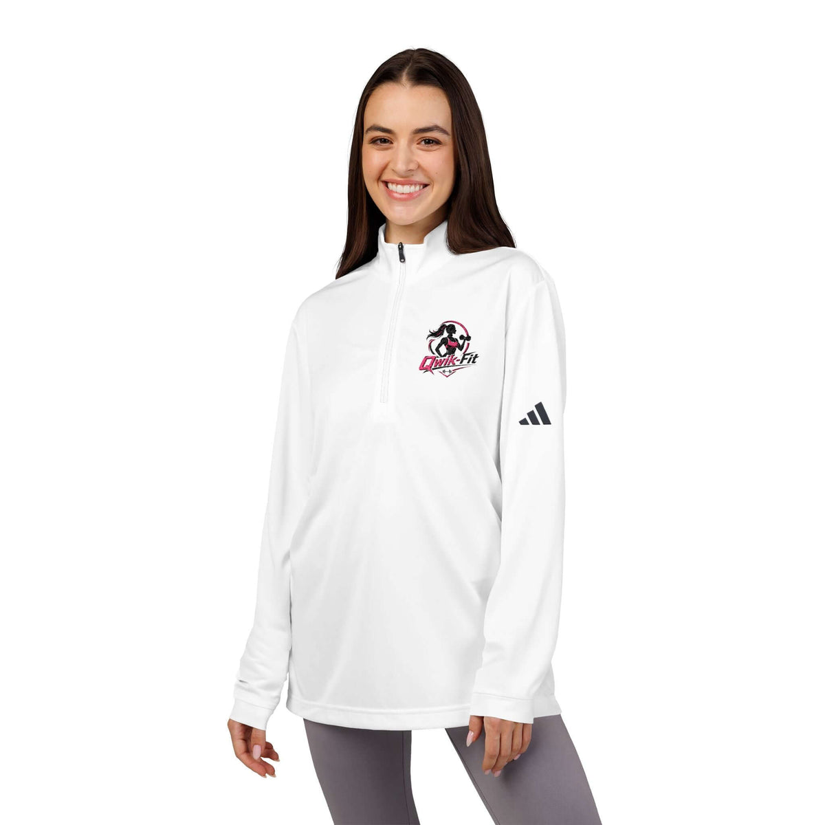 Embroidered Soccer Quarter-Zip Pullover in white worn by a smiling woman, ideal for soccer training and everyday layering.