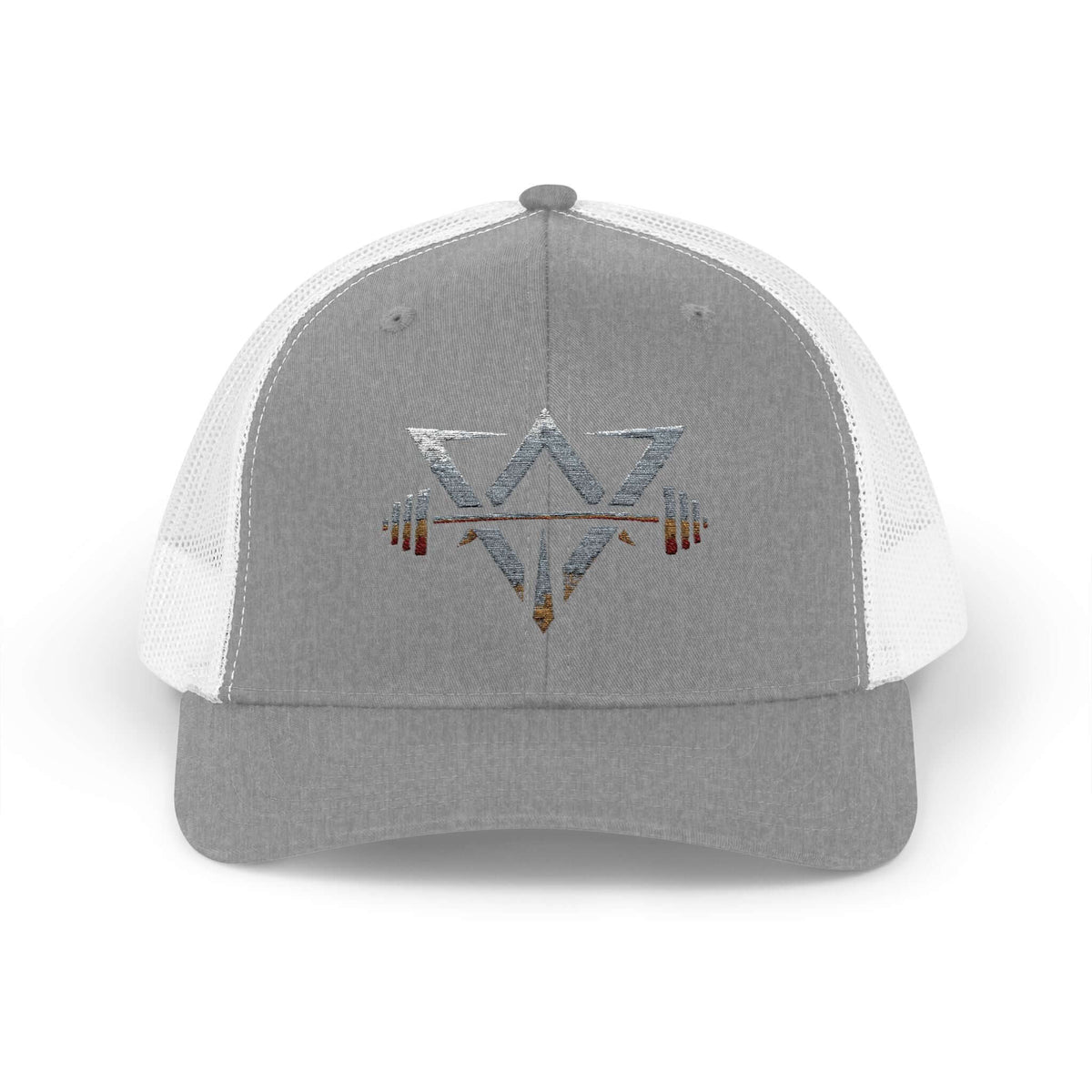 Heather Grey and White Qwik-Fit Snapback Trucker Cap for outdoor workouts with adjustable closure.