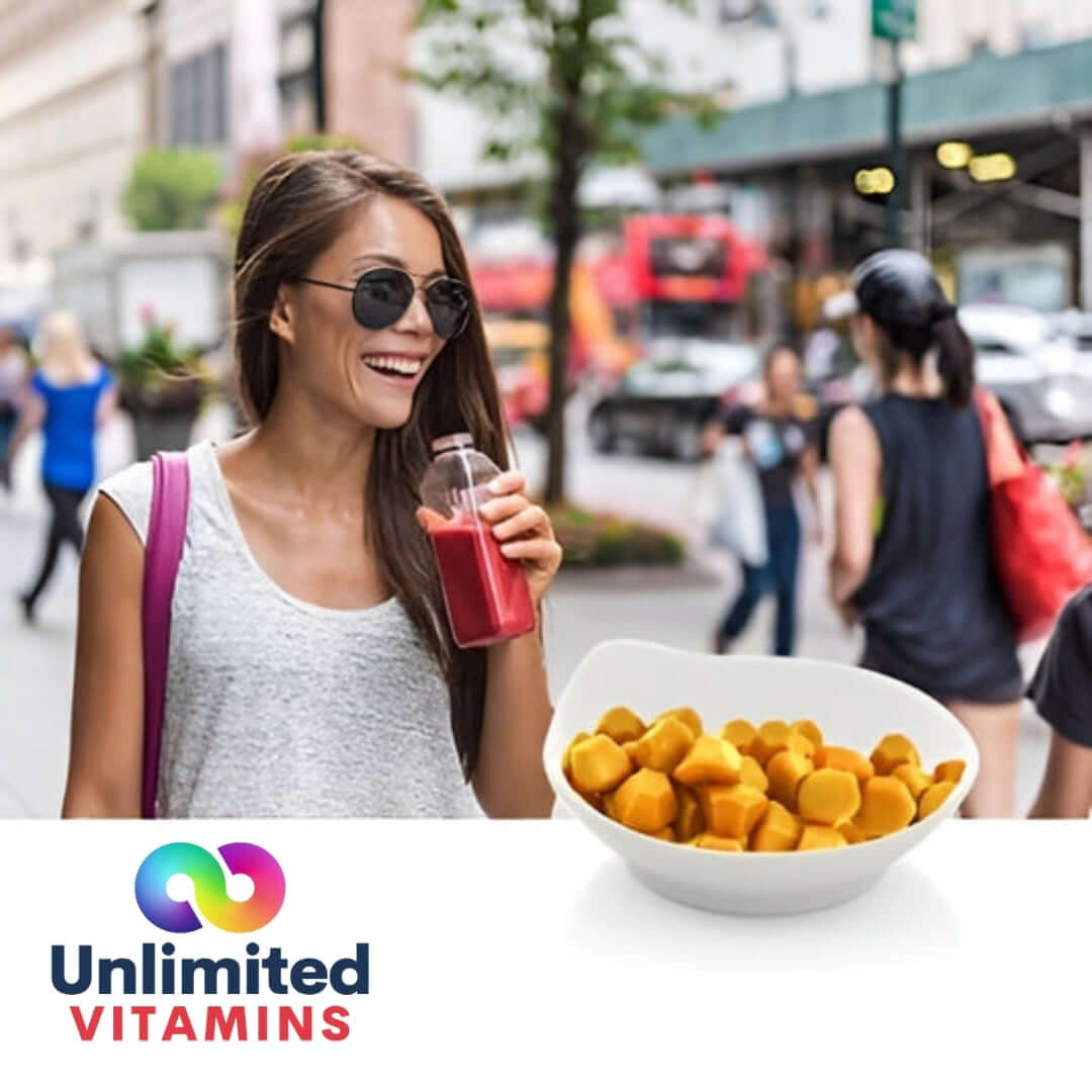 Curcumin ginger dietary supplement woman enjoying healthy snacks and juice while promoting an active lifestyle.
