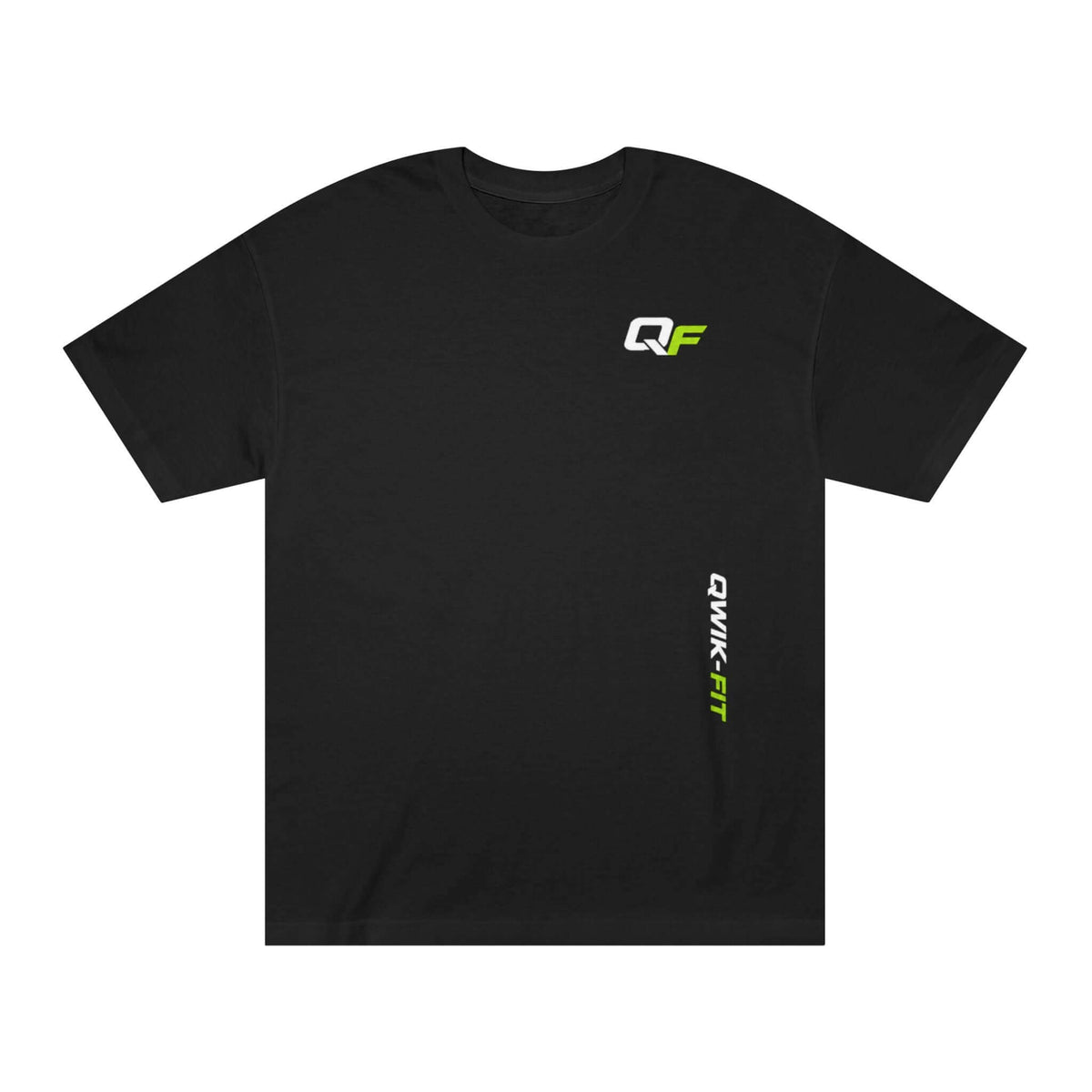 Black unisex workout t-shirt featuring a classic design with QF logo, perfect for gym, casual and layering.