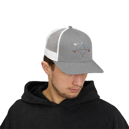 Printify snapback trucker cap showing a curved brim and mesh back in a stylish design, perfect for casual wear.