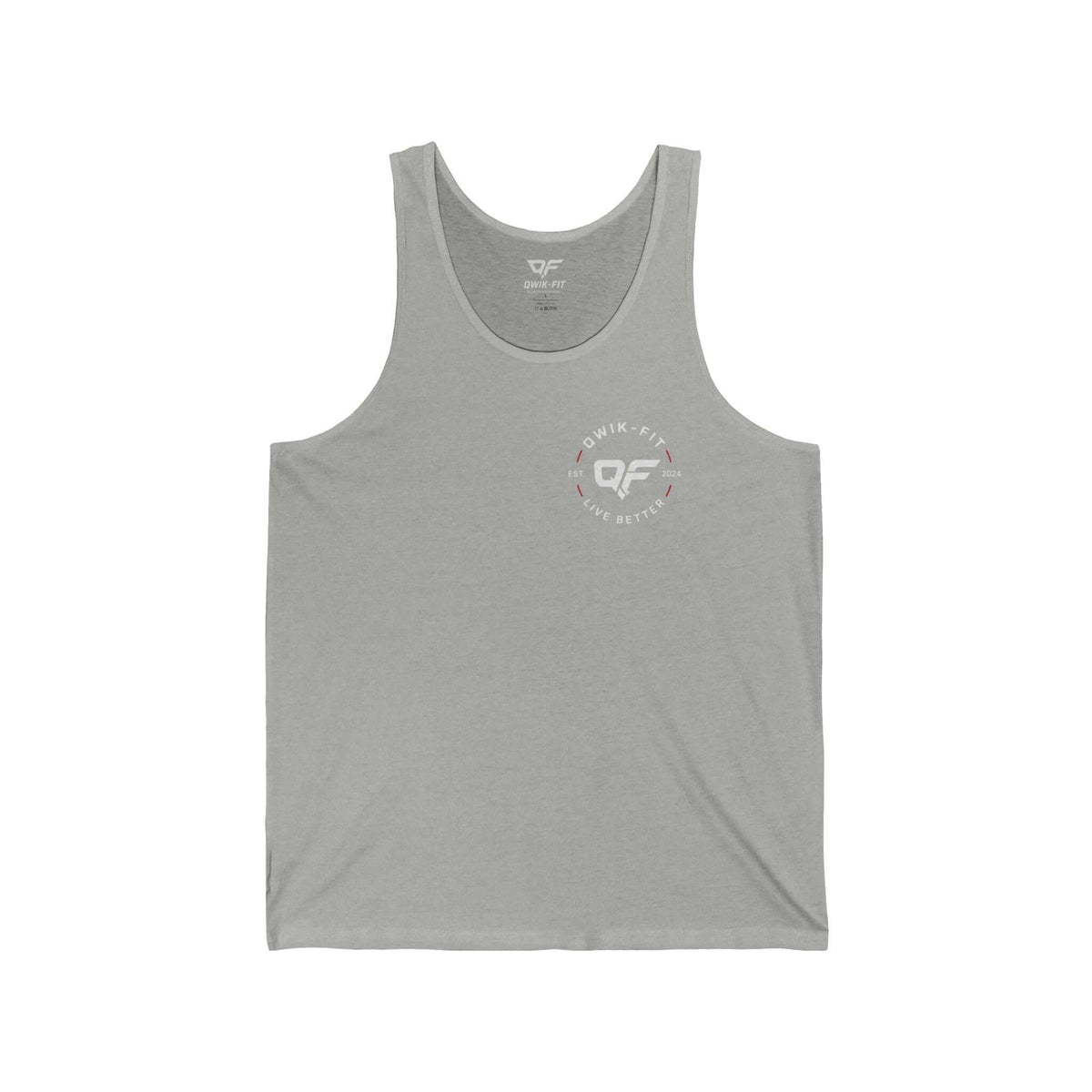 Minimalist white tank top with clean pocket logo in Athletic Heather color for casual summer wear.