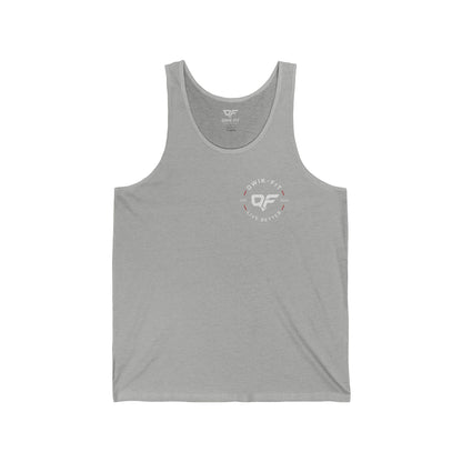 White minimalist tank top with a small pocket logo, casual summer vest by Printify, styled for a relaxed, clean look.