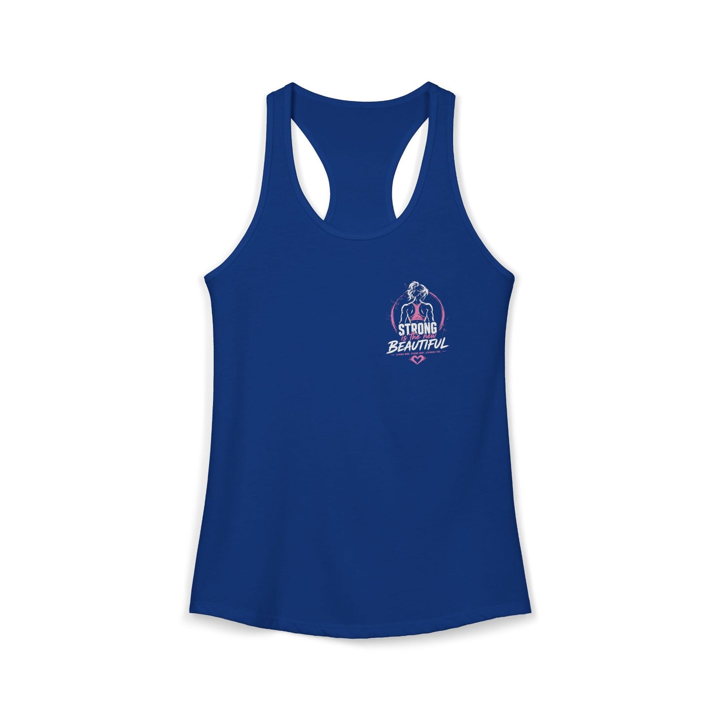 womens racerback tank top in solid royal with 'Strong Beautiful' graphic for a stylish active lifestyle