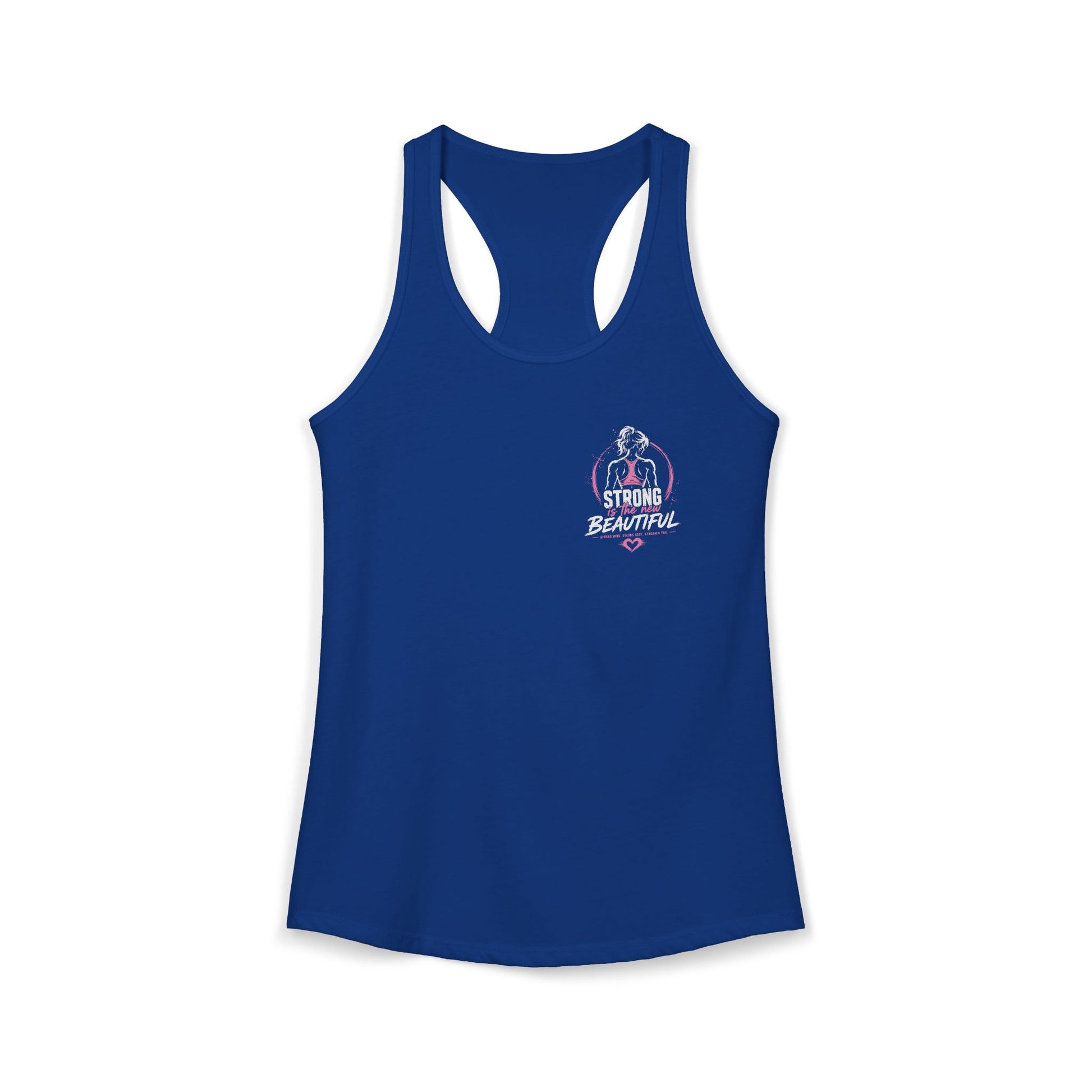 womens racerback tank top in solid royal with 'Strong Beautiful' graphic for a stylish active lifestyle