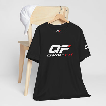 Qwik-Fit Logo Tee, a performance fitness short sleeve T-shirt by Printify, featuring the brand logo on a comfortable athletic shirt.