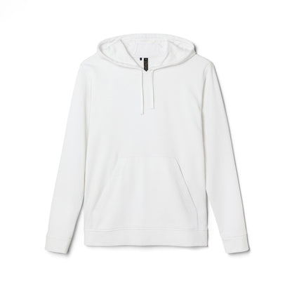 White Adidas hoodie with Qwik-Fit logo, athletic pullover made by Printify, featuring a comfortable fit and sporty design.