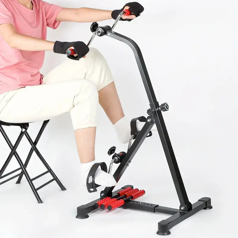 Low-impact pedal exercise bike in use, designed for home workouts and low-impact rehabilitation.