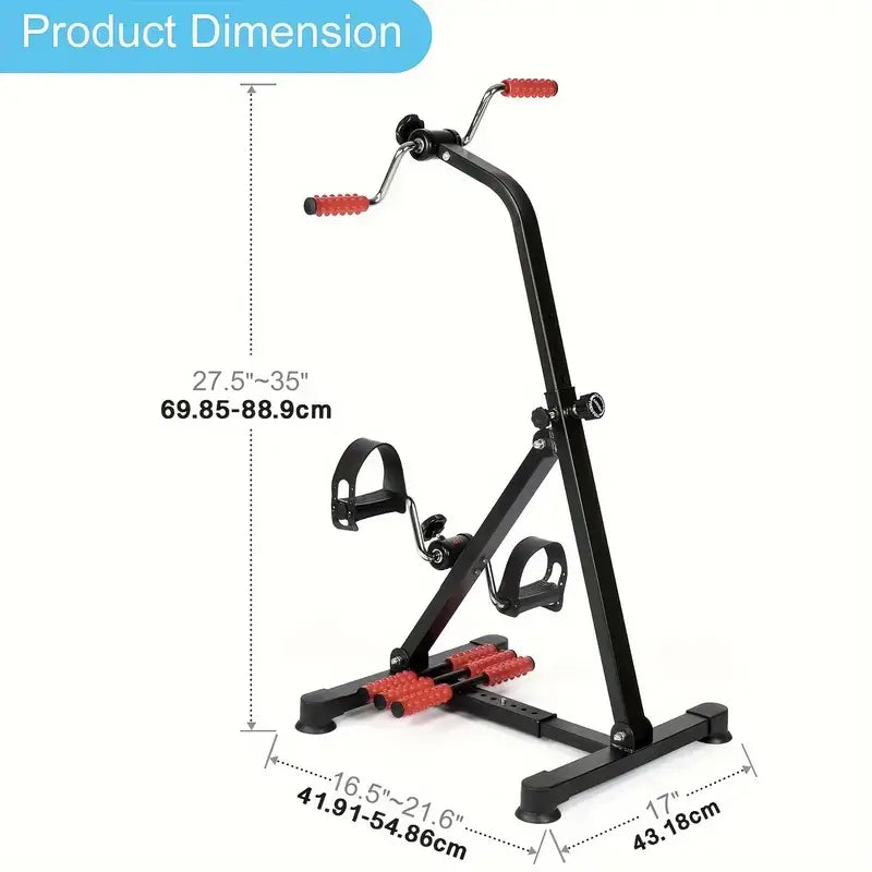 Dimensions of the sturdy metal pedal exercise bike, showcasing its adjustable height and foot pedal design for low-impact pedal exercise bike.