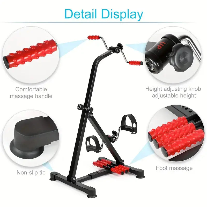 Detail display of a sturdy metal pedal exercise bike with features like comfortable massage handle and adjustable height.