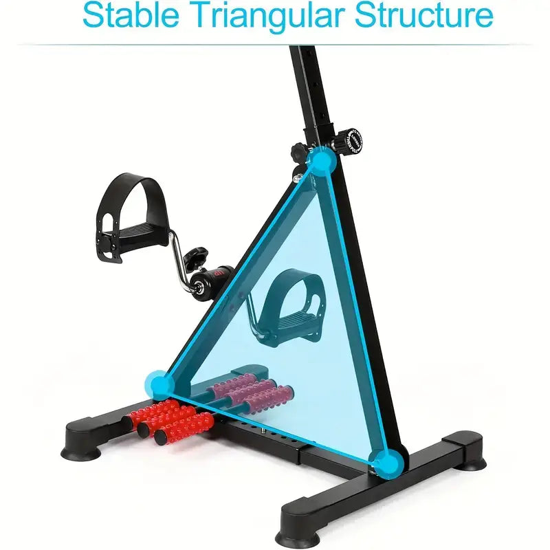 Stable triangular structure of a low-impact pedal exercise bike for enhanced stability and safety during workouts.