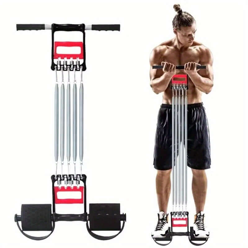 Man using adjustable fitness pedal puller for home workouts and gym sessions, showcasing its multifunctional design.