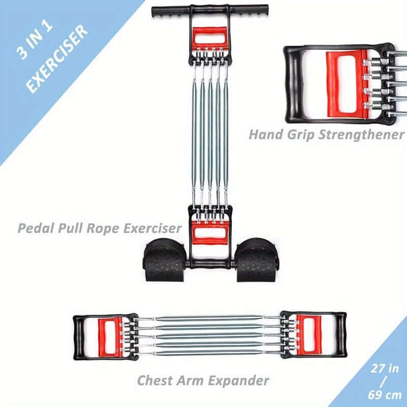 3 in 1 Exerciser featuring adjustable fitness pedal puller, hand grip strengthener and chest arm expander for versatile workouts.