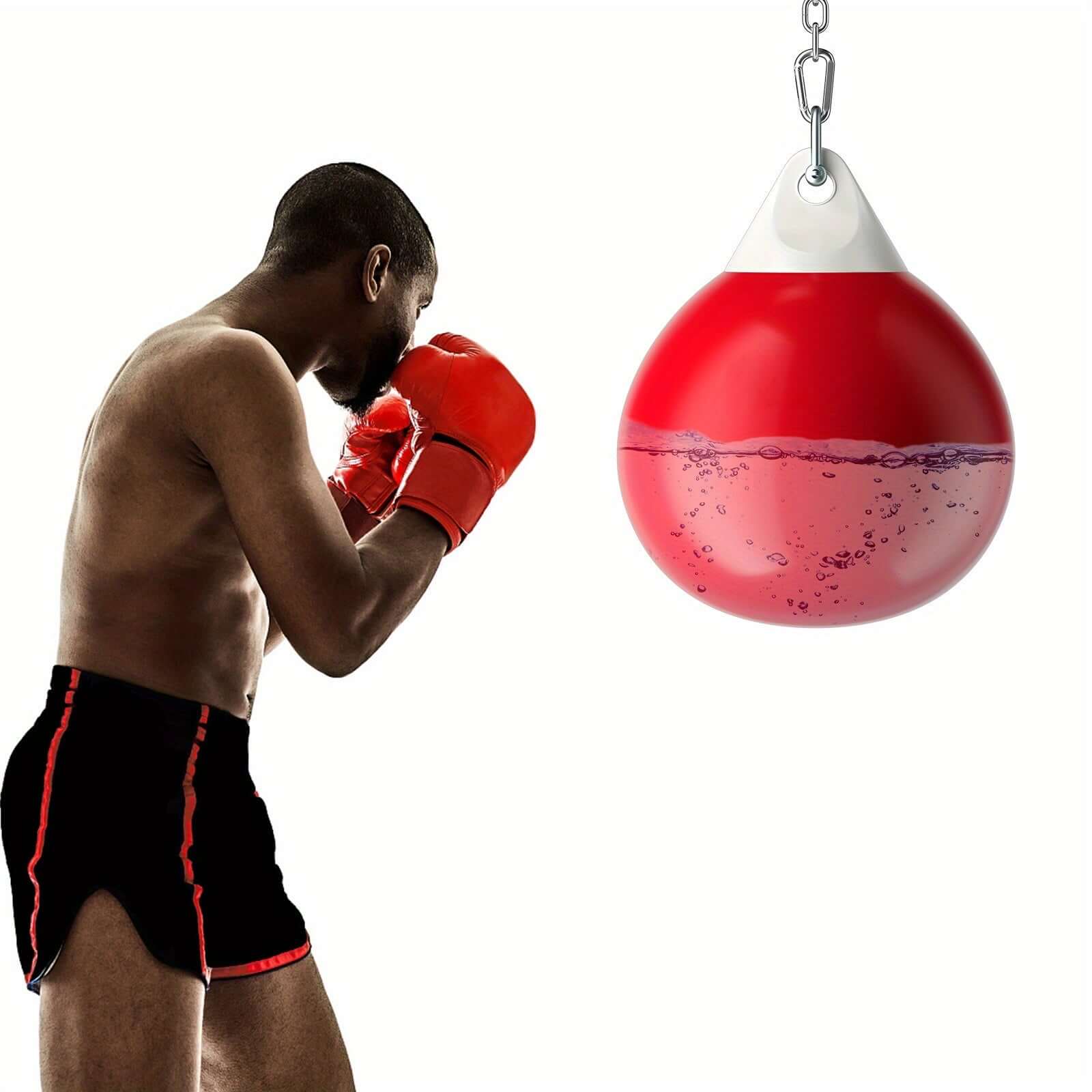 Man in red boxing gloves training with a 50Kg heavy-duty water punching bag for fitness.