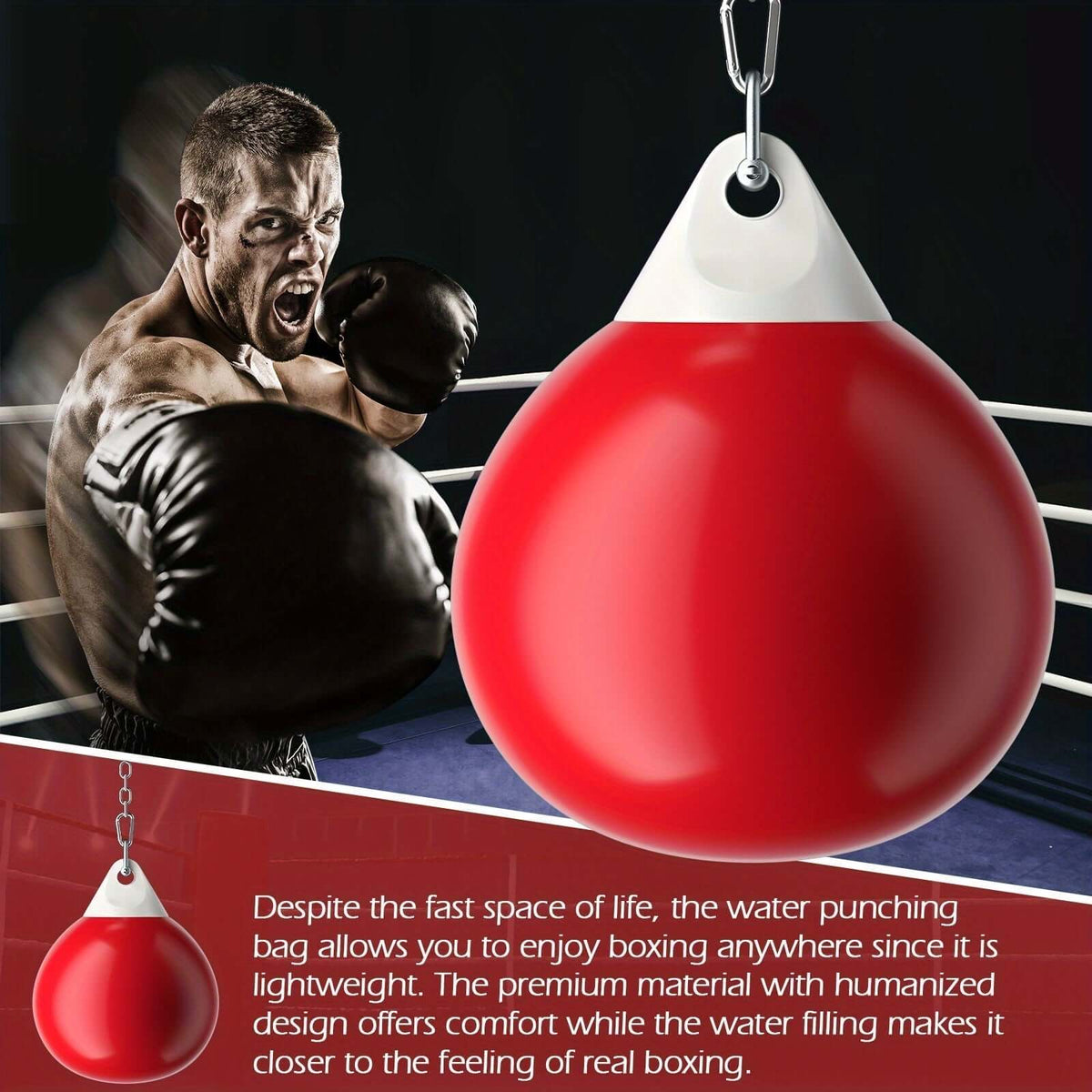Man boxing with a 50Kg heavy-duty water punching bag, showcasing its practical design for home or gym workouts.