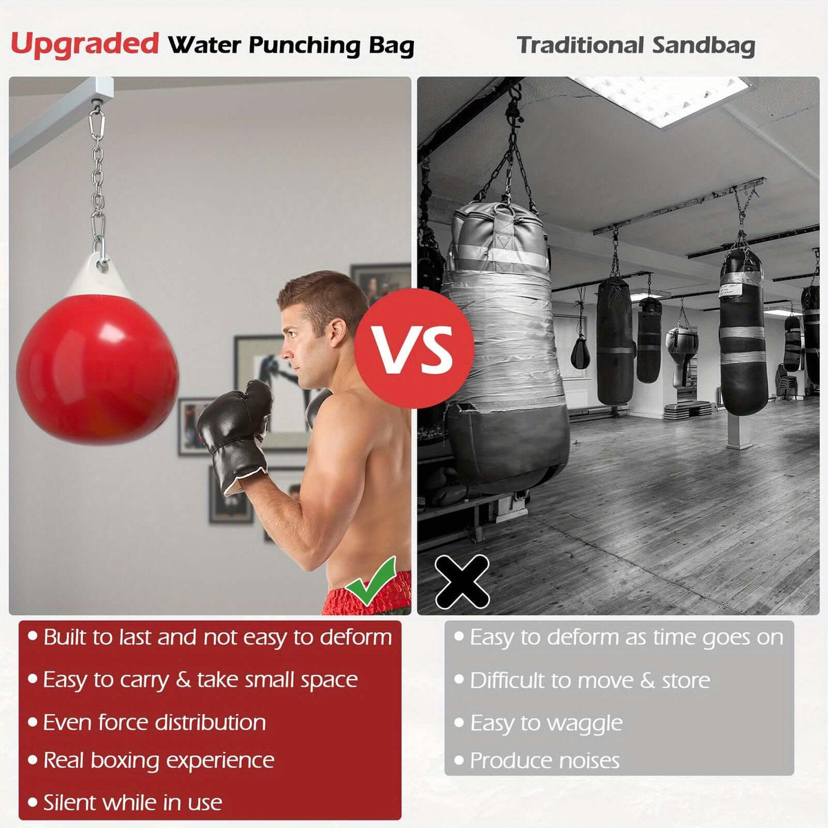 Comparison of upgraded heavy-duty water punching bag vs traditional sandbag for effective workouts.