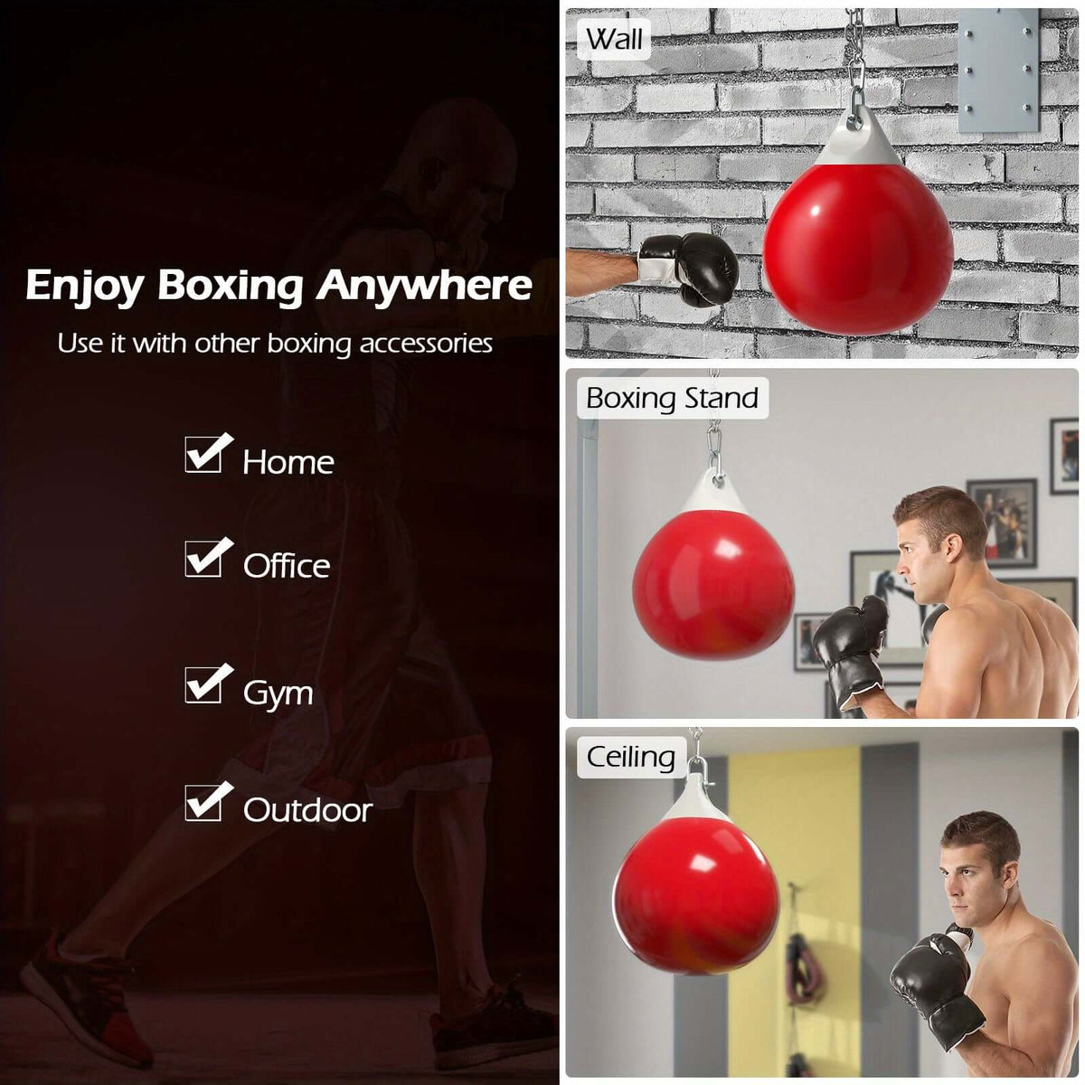 Enjoy boxing anywhere with the heavy-duty water punching bag for home, office, gym, and outdoor use.