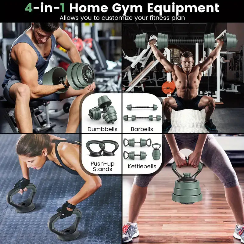 4-in-1 Home Gym Equipment, featuring adjustable dumbbells kettlebell barbell set for customizable workouts.