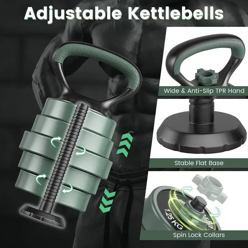 Adjustable Dumbbells Kettlebell Barbell Set featuring anti-slip grip and stable base for versatile workouts.