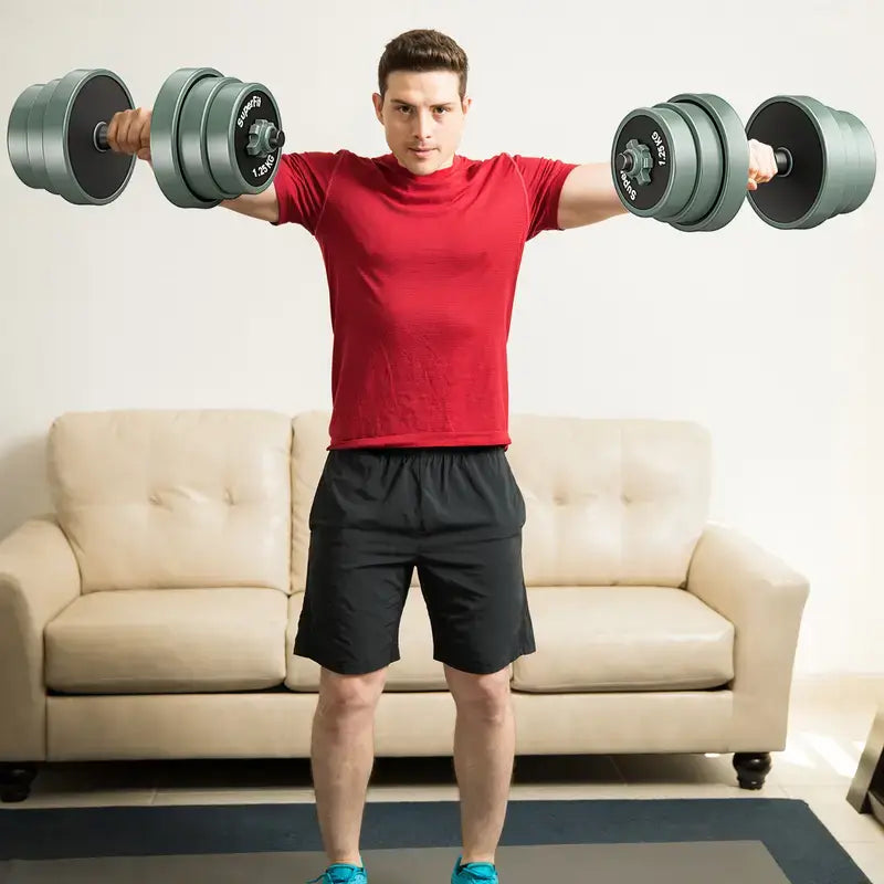 Man exercising with 3-in-1 adjustable dumbbells kettlebell barbell set in a home gym setting.