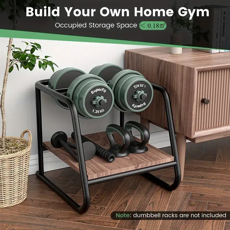 Adjustable dumbbells kettlebell barbell set displayed on a shelf, perfect for home gym organization.