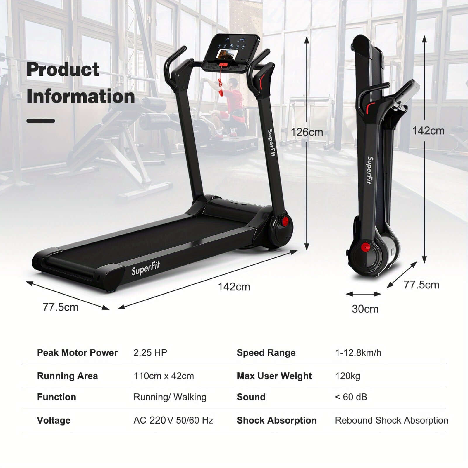 Folding Electric Treadmill 2.25HP - Black-2