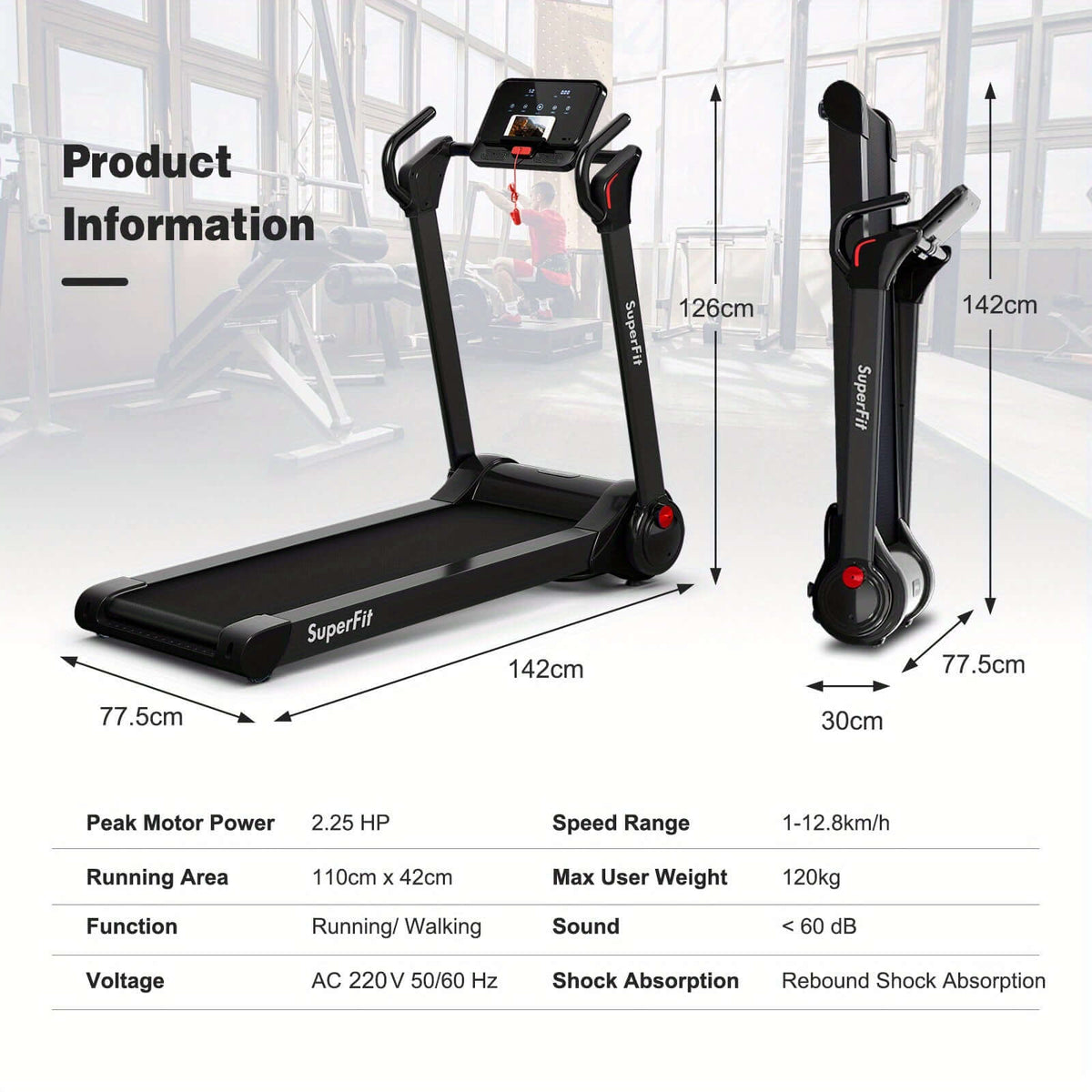 Folding Electric Treadmill 2.25HP - Black product image 3