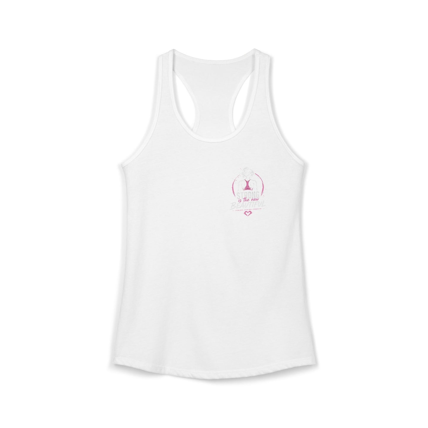 Womens racerback tank top in solid white featuring stylish front print for active lifestyle.