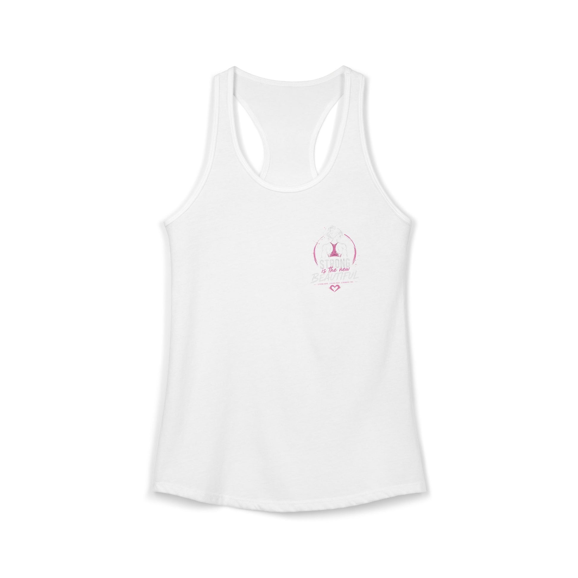 Womens racerback tank top in solid white featuring stylish front print for active lifestyle.