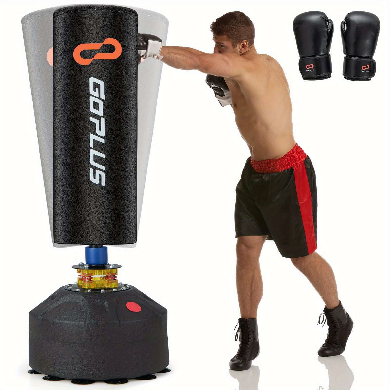 Free standing punching bag with gloves in action, ideal for home workouts and training sessions.