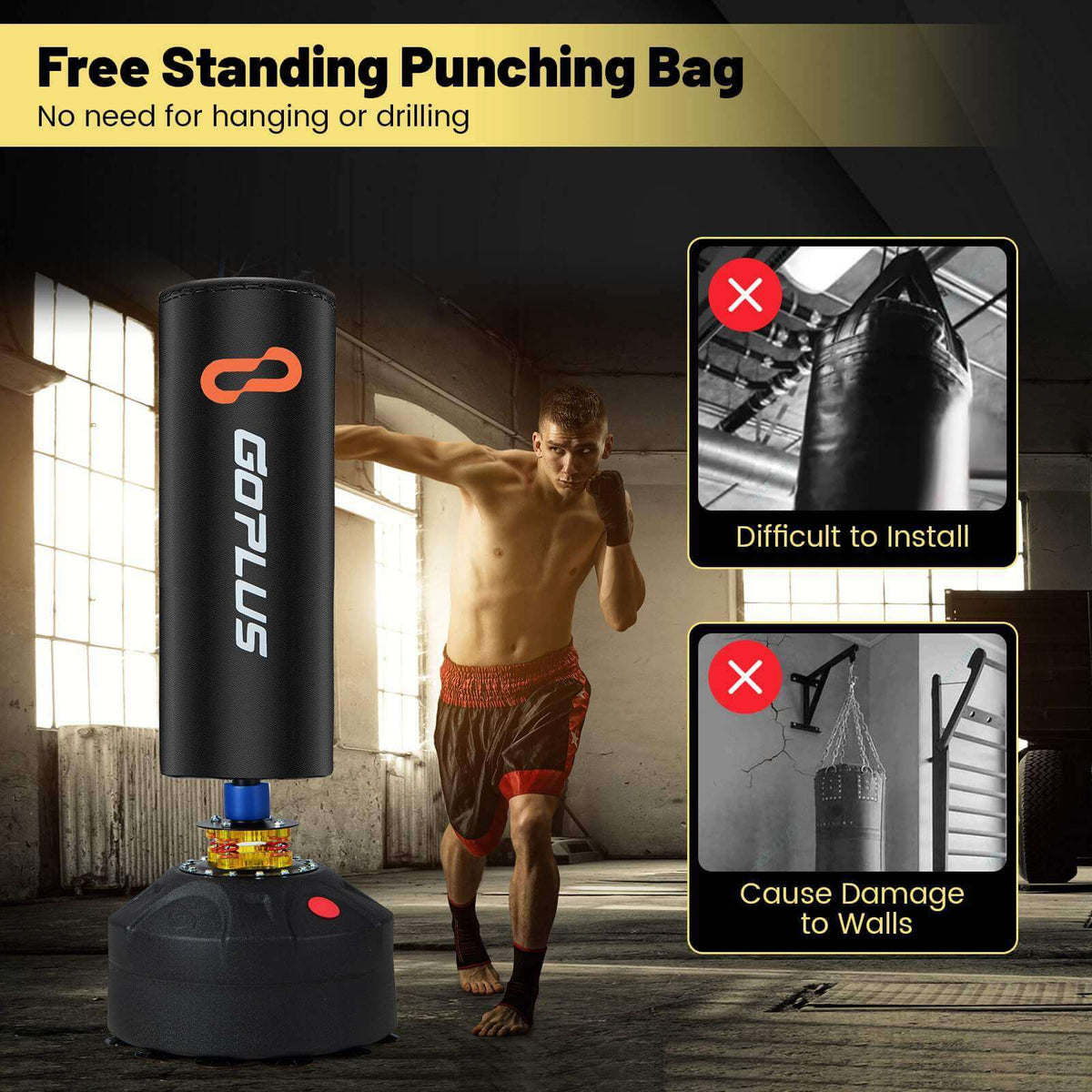 Free standing punching bag with gloves, ideal for home workouts, no need for hanging or drilling in gym.