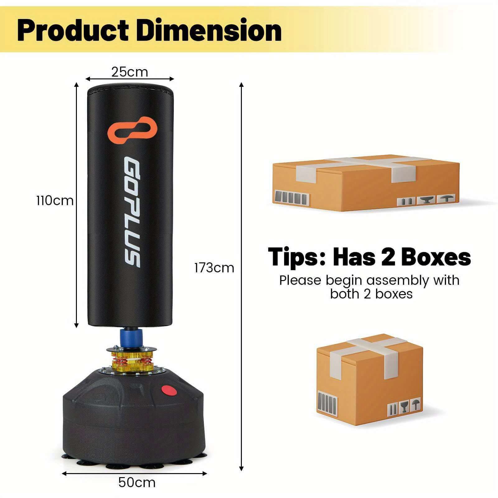 Product dimensions for free standing punching bag with gloves, including height and base measurements in centimeters.